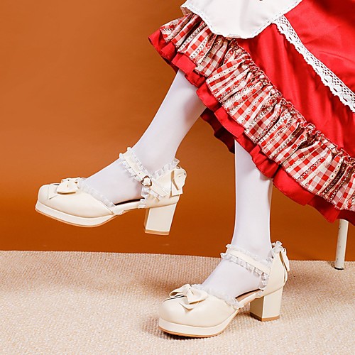 

Women's Lolita Shoes Block Heel Round Toe Lace PU Bowknot Lace Solid Colored Almond White Black