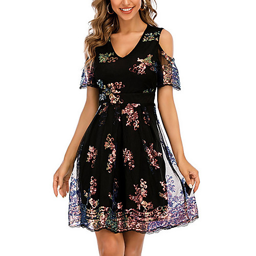 

Women's A Line Dress Knee Length Dress Black Short Sleeve Floral Solid Color Color Block Patchwork Summer V Neck Casual 2021 S M L XL