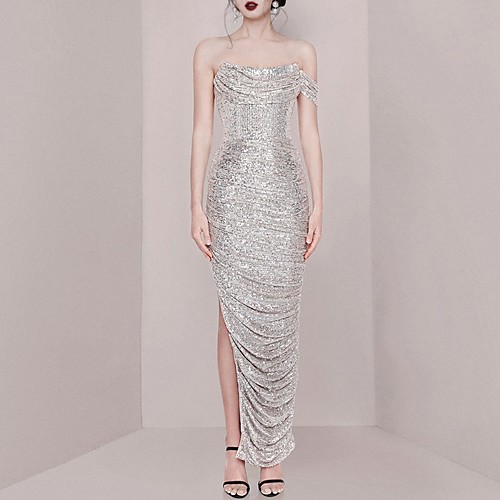 

Sheath / Column Sparkle Sexy Wedding Guest Prom Dress Off Shoulder Sleeveless Ankle Length Sequined with Ruched Sequin Split 2021