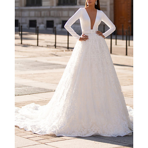 

A-Line Wedding Dresses Jewel Neck Court Train Lace Italy Satin Long Sleeve Country Sexy Luxurious with Sashes / Ribbons 2021