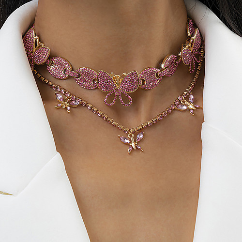 

Choker Necklace Torque Necklace Women's Tennis Chain Cubic Zirconia Pink White Imitation Diamond Butterfly Artistic Simple Fashion Vintage Trendy Pink Gold Silver 38,102 cm Necklace Jewelry 2pcs for