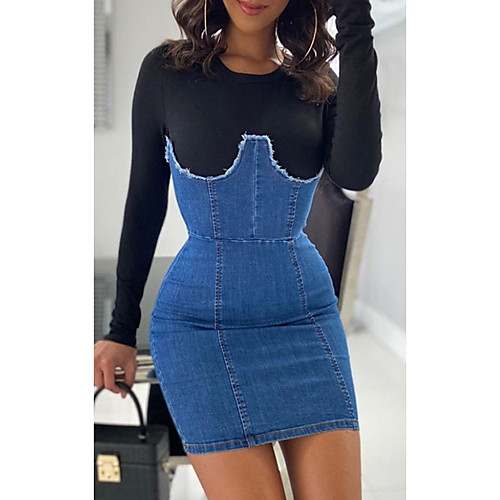 

Women's Sheath Dress Short Mini Dress White Black Long Sleeve Color Block Patchwork Summer Round Neck Casual 2021 S M L XL XXL