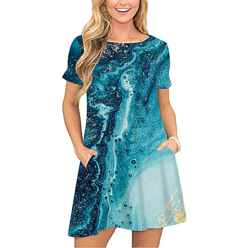 

Women's T Shirt Dress Tee Dress Short Mini Dress Blue Light Blue Short Sleeve Print Color Gradient Pocket Print Spring Summer Round Neck Casual 2021 S M L XL XXL 3XL
