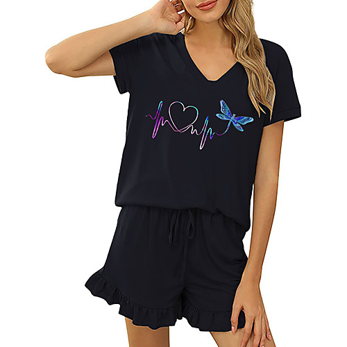 

Women Basic Streetwear Print Heart Vacation Casual / Daily Two Piece Set Tracksuit T shirt Loungewear Shorts Drawstring Ruffle Print Tops