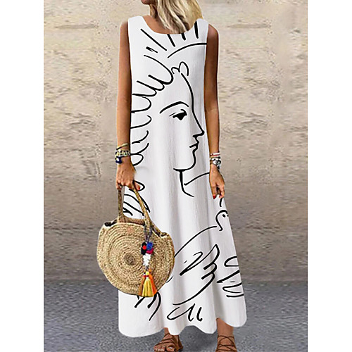 

Women's Shift Dress Maxi long Dress White Sleeveless Print Color Block Print Spring Summer Round Neck Casual 2021 S M L XL XXL 3XL