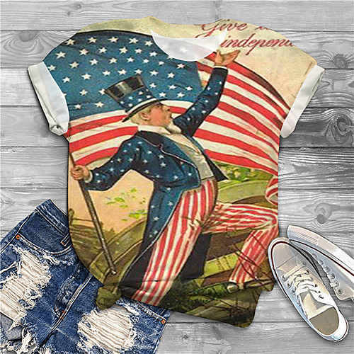 

Women's Plus Size Print Graphic Portrait Flag T shirt Large Size Crewneck Short Sleeve Basic Tops XL XXL 3XL Blue Big Size