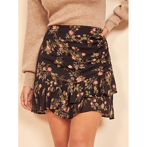 

Women's Vacation Going out Vintage Streetwear Skirts Floral Graphic Ruched Ruffle Print Black