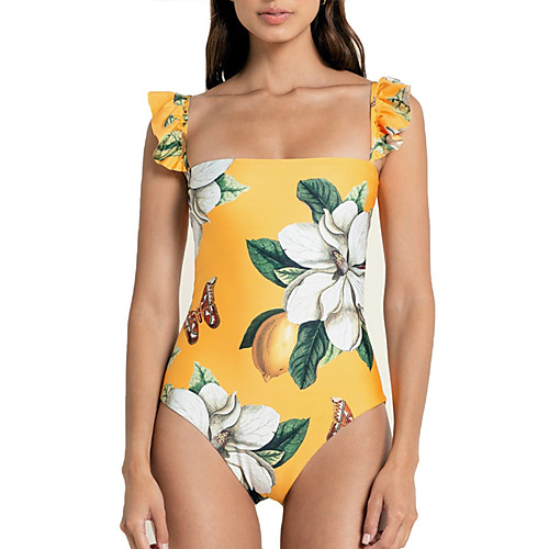 

Women's Swimsuit Floral Lace up Print Halter Normal Halter Neck Swimwear Bathing Suits Yellow / One Piece