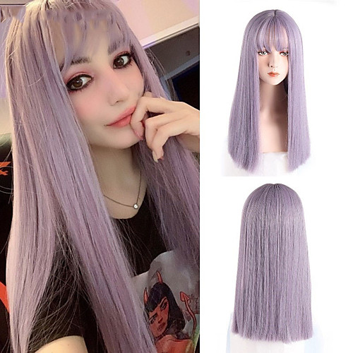 

Synthetic High Temperature Fiber Long Straight Wigs for Women Purple Gray Green Cosplay With Bangs Natural Hairpieces