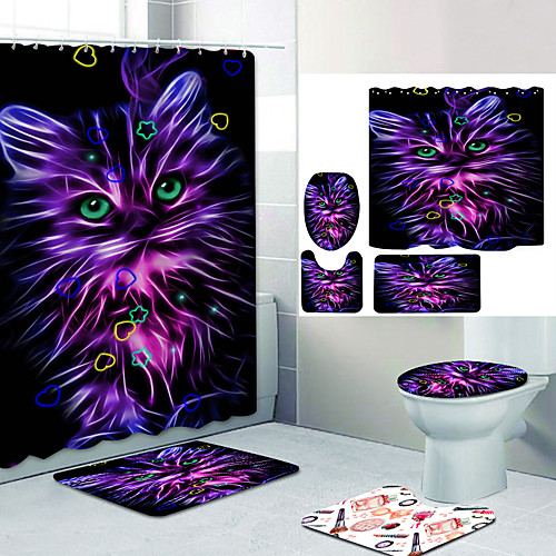 

Blue-Eyed Purple Cat Digital Printing Four-piece Set Shower Curtains and Hooks Modern Polyester Machine Made Waterproof Bathroom