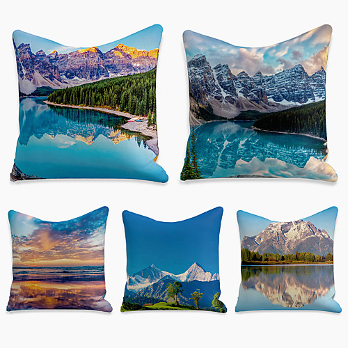 

Cushion Cover 5PC Linen Soft Decorative Square Throw Pillow Cover Cushion Case Pillowcase for Sofa Bedroom 45 x 45 cm (18 x 18 Inch) Superior Quality Machine Washable Landscape