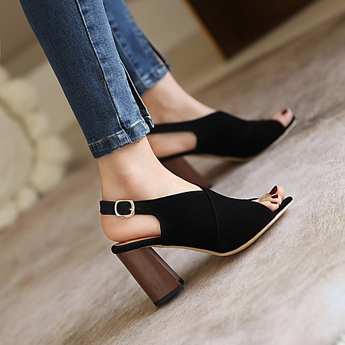

Women's Sandals Chunky Heel Round Toe PU Buckle Solid Colored Almond Black Brown
