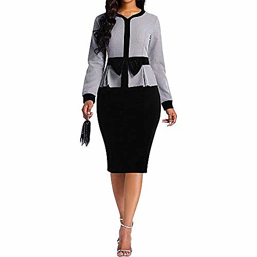 

verwin bowknot v-neck long sleeve mid-calf color block women's bodycon dress office dress xl black