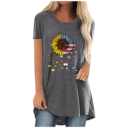 

amazon 2021 summer hot sale sunflower butterfly casual large size mid-length round neck short-sleeved t-shirt female spot