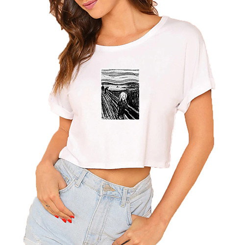 

Women's Crop Tshirt Graphic Graffiti Print Round Neck Tops 100% Cotton Basic Basic Top White Black