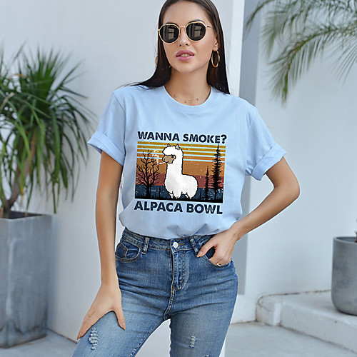 

Women's T shirt Text Print Round Neck Tops Cotton Basic Basic Top White Black Blushing Pink