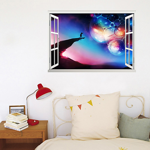 

3D New Fake Window Wall Paste Dazzling Planet Mountain Girl Living Room Bedroom Corridor Decoration Can Be Removed Stickers