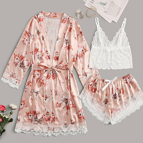 

Women's Daily Polyester Pajamas V Neck Suits 3/4-Length Sleeve 3-Piece Spring & Summer Without Lining S Blushing Pink