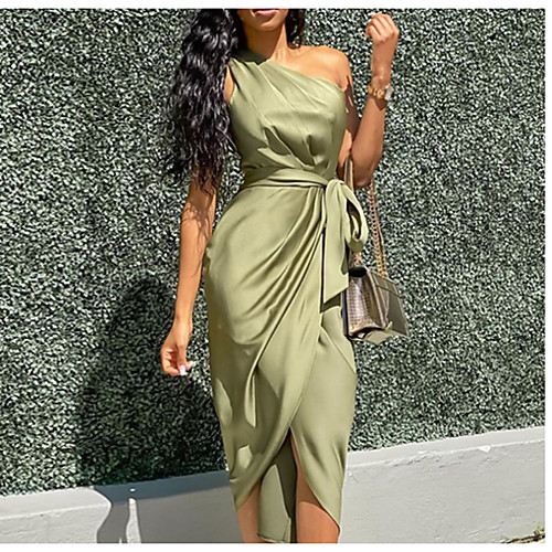 

Women's Wrap Dress Midi Dress Army Green Sleeveless Solid Color Spring & Summer One Shoulder Hot Sexy 2021 S M L XL