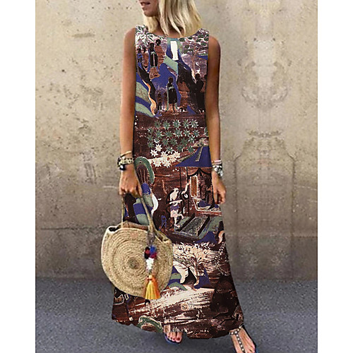 

Women's Shift Dress Maxi long Dress Brown Sleeveless Print Color Block Print Spring Summer Round Neck Casual 2021 S M L XL XXL 3XL