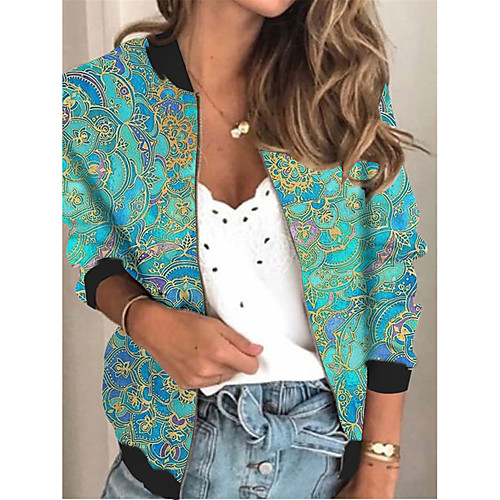 

Women's Jackets Floral Print Sporty Spring & Fall Jacket Regular Daily Long Sleeve Air Layer Fabric Coat Tops Blue