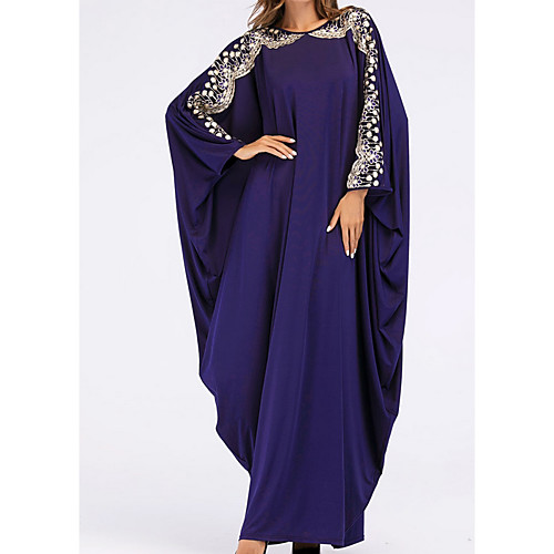 

Women's Kaftan Dress Maxi long Dress Blue Long Sleeve Solid Color Embroidered Summer Round Neck Casual 2021 One-Size