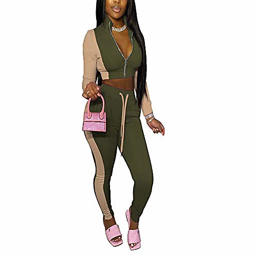 

women's workout color block patchwork 2 piece outfits sexy long sleeve zip top and bodycon pants tracksuit sets army green