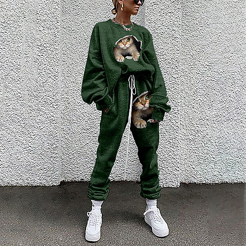

Women's Streetwear Cinched Cat 3D Going out Casual / Daily Two Piece Set Sweatshirt Tracksuit Pant Loungewear Drawstring Print Tops