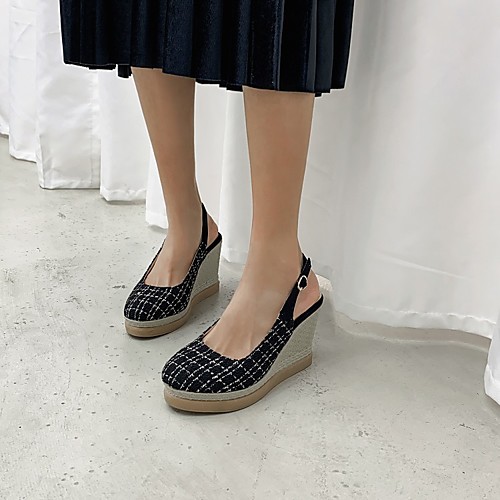 

Women's Clogs & Mules Wedge Heel Round Toe Nubuck Canvas Striped Black Beige