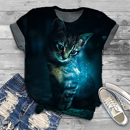 

Women's Plus Size Print Cat Graphic Animal T shirt Large Size Crewneck Short Sleeve Basic Tops XL XXL 3XL Black Big Size