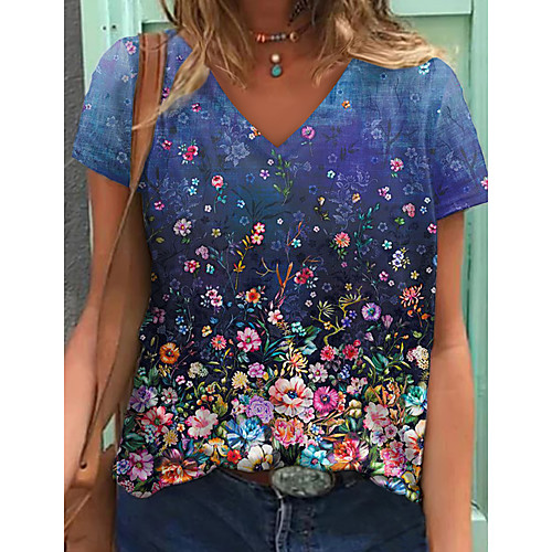 

Women's T shirt Floral Graphic Print V Neck Tops Basic Basic Top Navy Blue
