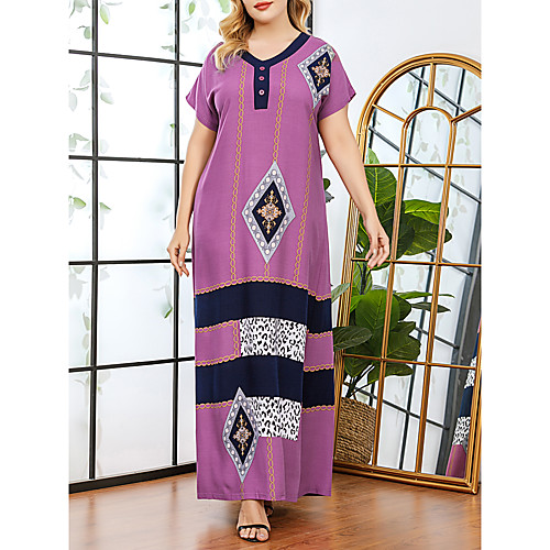 

Women's Plus Size Dresses Shift Dress Maxi long Dress Short Sleeve Color Block Print V Neck Casual Spring & Summer Purple L XL XXL 3XL / Loose