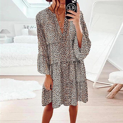 

Women's Shift Dress Knee Length Dress Brown 3/4 Length Sleeve Print Layered Bow Print Spring Summer V Neck Casual Lantern Sleeve 2021 S M L XL XXL