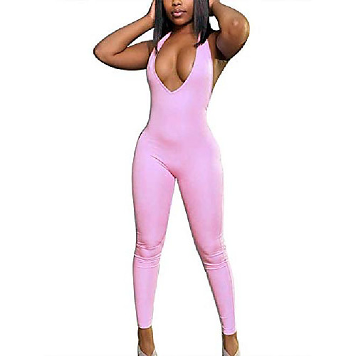

women's solid color bodycon deep v-neck backless halter jumpsuit yoga pants bodysuit workout clothes (pink, m)