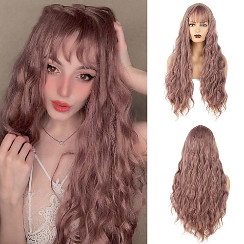 

Long Mix Pink Brown Womens Wigs With Bangs Heat Resistant Synthetic Kinky Curly Wigs for Women African American