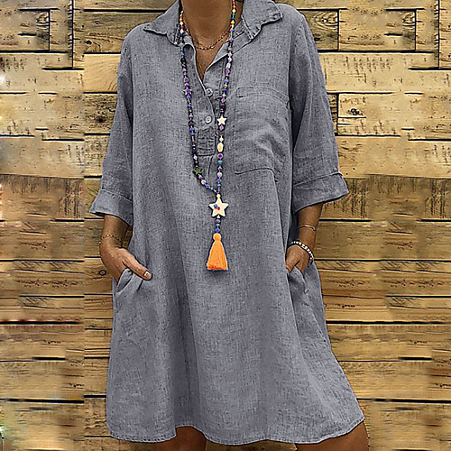 

Women's Shirt Dress Knee Length Dress Black Blushing Pink Green Dark Gray Gray 3/4 Length Sleeve Solid Color Pocket Patchwork Summer Shirt Collar Elegant Cotton 2021 S M L XL XXL 3XL 4XL 5XL