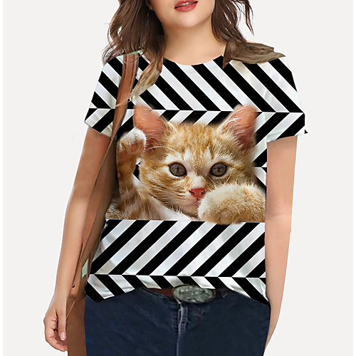 

Women's Plus Size Print Cat Graphic Animal T shirt Large Size Crewneck Short Sleeve Basic Tops XL XXL 3XL khaki Big Size