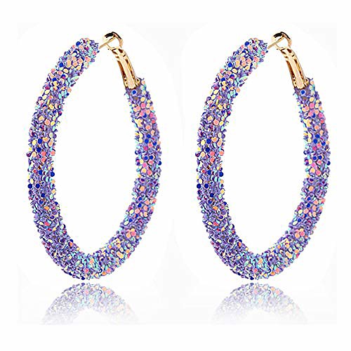 

sequins hoop earrings for women girls handmade bohemian glitter wrapped gold plated dangle drop earring circle sequin statement earrings boho jewelry (purple)