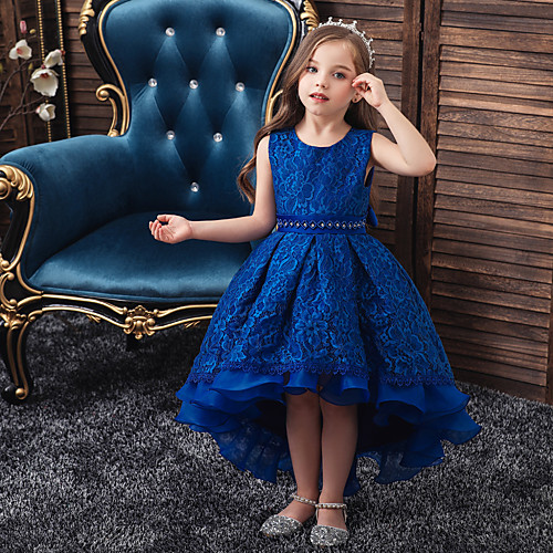 

Princess Asymmetrical / Knee Length Party / Event / Party Flower Girl Dresses - Lace / Satin / Polyester Sleeveless Jewel Neck with Lace / Sash / Ribbon / Beading