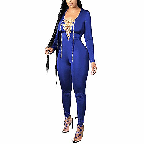 

sprifloral women's sexy one piece outfits long sleeve bandage bodycon jumpsuits romper clubwear blue