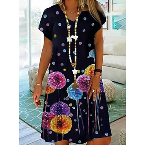 

2021 spring and summer new amazon hot style european and american polka dot color dandelion print short-sleeved v-neck dress