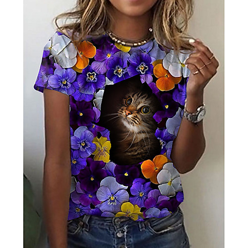 

Women's T shirt Floral Cat 3D Print Round Neck Tops Basic Basic Top Purple