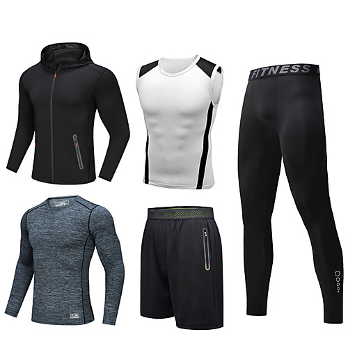 

Men's Activewear Set Athletic 5pcs Summer Long Sleeve Spandex Quick Dry Breathable Sweat wicking Gym Workout Running Active Training Jogging Training Sportswear Solid Colored Normal Tank Top Black
