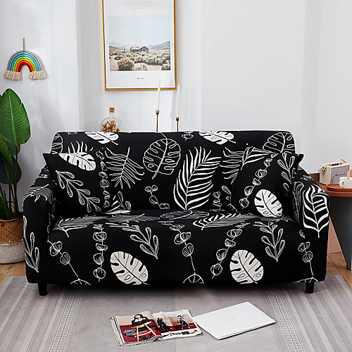 

Black Leaves Print Dustproof All-powerful Stretch Sofa Cover Super Soft Fabric with One Free Boster Case