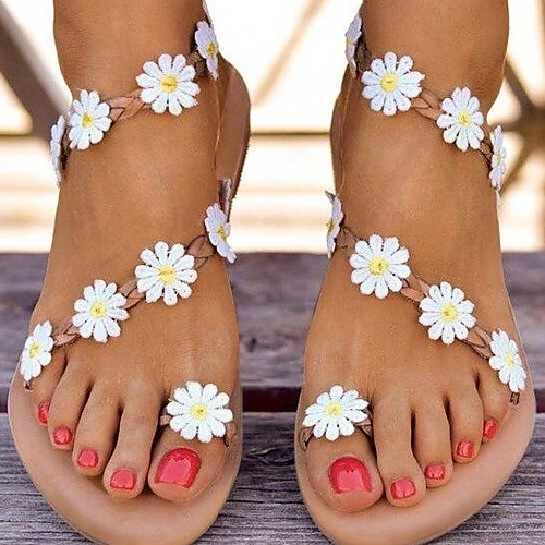 

Women's Sandals Boho Bohemia Beach Flat Heel Round Toe PU Color Block Light Brown