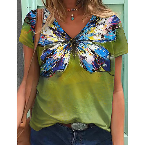 

Women's T shirt Graphic Butterfly Print V Neck Tops Basic Basic Top White Army Green Green