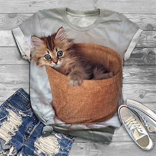 

Women's Plus Size Print Cat Graphic Animal T shirt Large Size Crewneck Short Sleeve Basic Tops XL XXL 3XL Gray Big Size