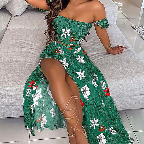 

Women's Swing Dress Maxi long Dress Yellow Green Gray Short Sleeve Floral Split Print Spring Summer Off Shoulder Elegant Casual 2021 S M L XL XXL 3XL