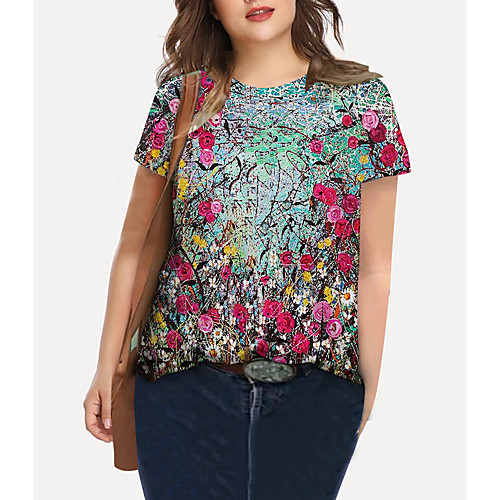 

Women's Plus Size Print Floral Graphic T shirt Large Size Crewneck Short Sleeve Basic Tops XL XXL 3XL Blushing Pink Big Size