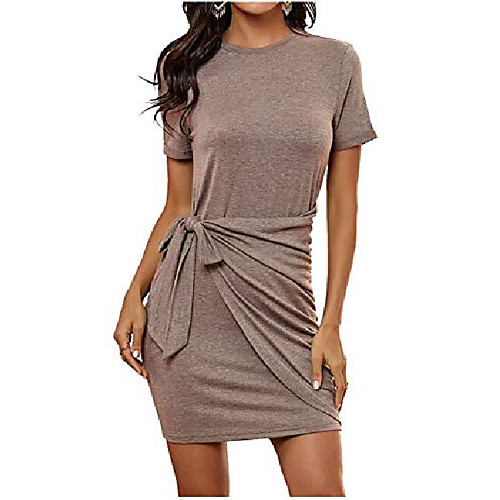 

joukavor juniors summer casual short sleeve tie waist t shirt dress tight body con mini tunic dresses (khaki,medium)